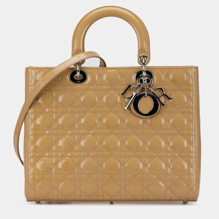Pre Owned Dior Beige Brown Large Patent Cannage Lady Dior