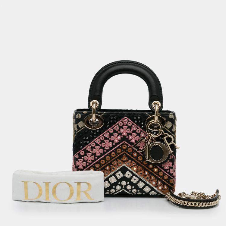 Pre Owned Dior Black Mini Calfskin Embroidered Lady Dior