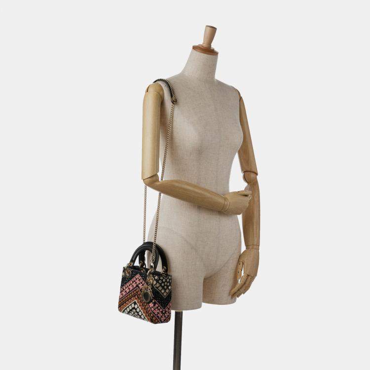Pre Owned Dior Black Mini Calfskin Embroidered Lady Dior