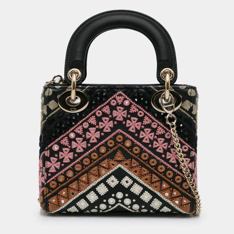 Pre Owned Dior Black Mini Calfskin Embroidered Lady Dior