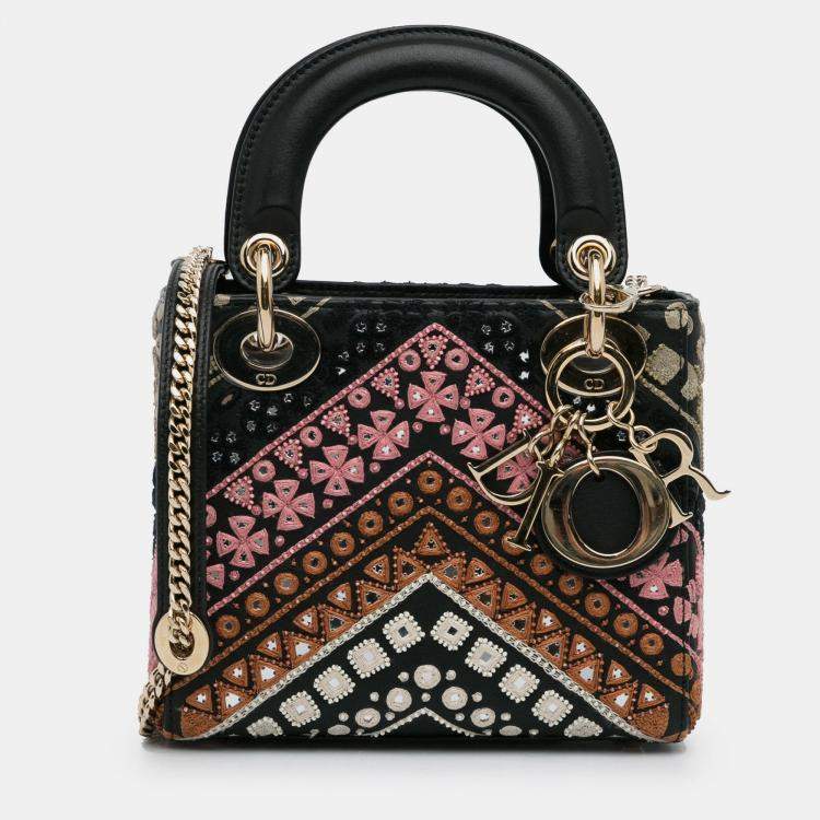 Pre Owned Dior Black Mini Calfskin Embroidered Lady Dior