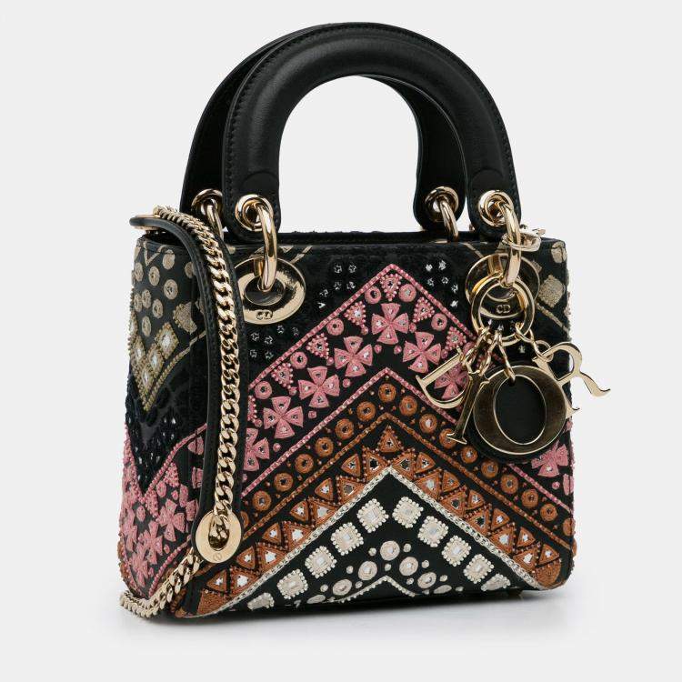 Pre Owned Dior Black Mini Calfskin Embroidered Lady Dior
