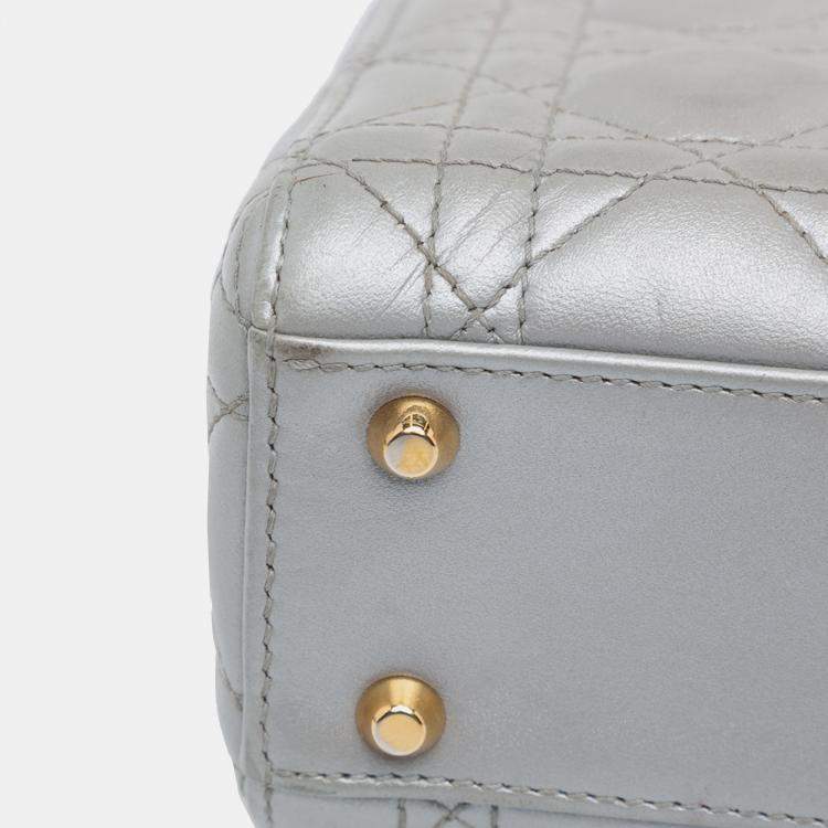 Pre Owned Dior Grey Mini Metallic Lambskin Cannage Lady Dior