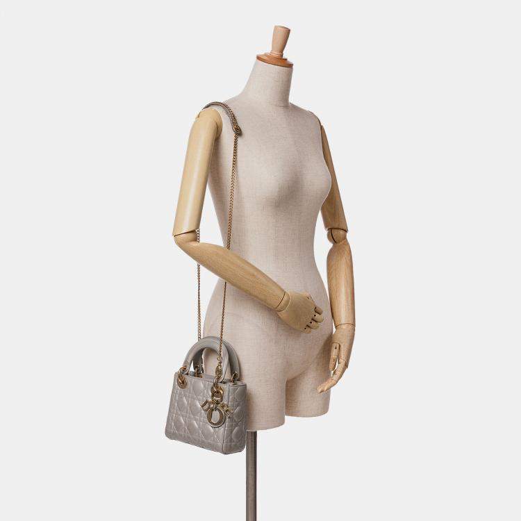 Pre Owned Dior Grey Mini Metallic Lambskin Cannage Lady Dior