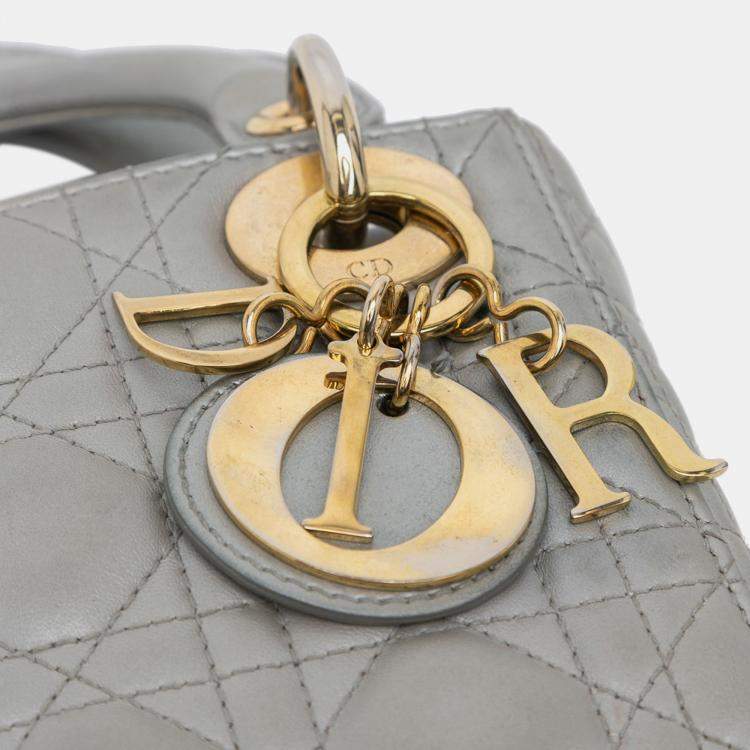 Pre Owned Dior Grey Mini Metallic Lambskin Cannage Lady Dior