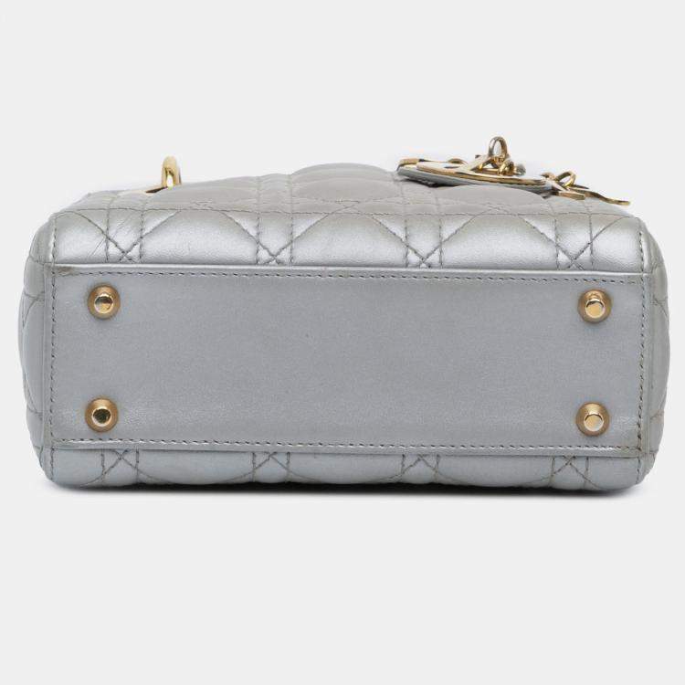 Pre Owned Dior Grey Mini Metallic Lambskin Cannage Lady Dior