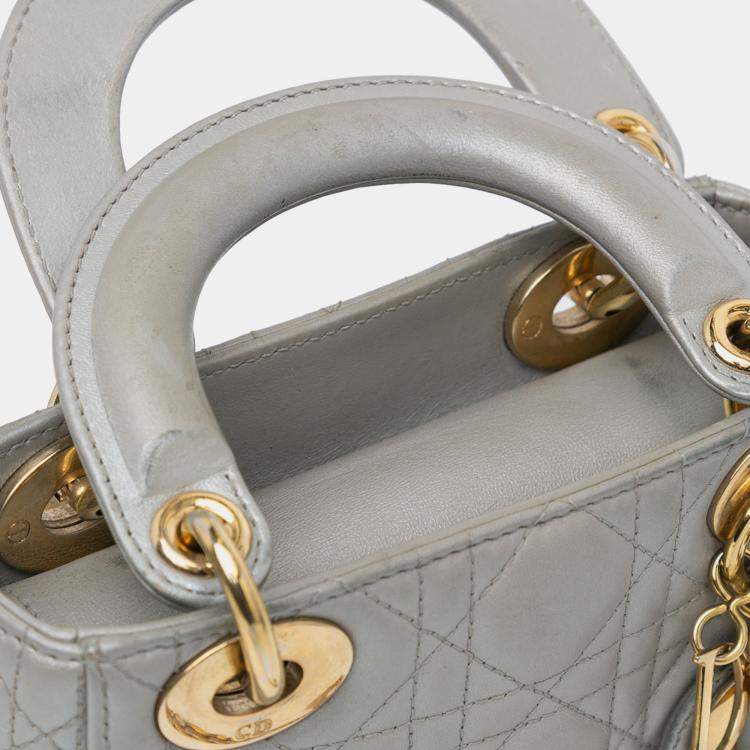 Pre Owned Dior Grey Mini Metallic Lambskin Cannage Lady Dior