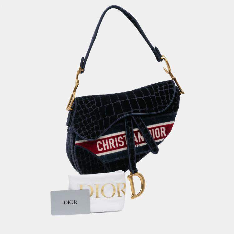 Pre Owned Dior Navy Blue Velvet Embroidered Crocodile Effect Saddle Bag