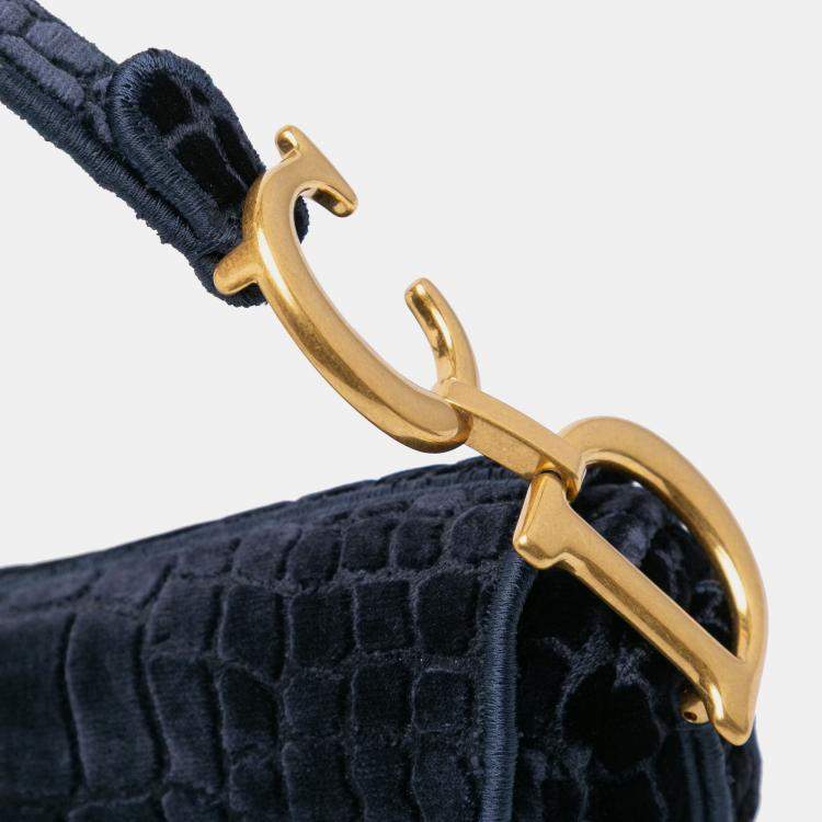 Pre Owned Dior Navy Blue Velvet Embroidered Crocodile Effect Saddle Bag