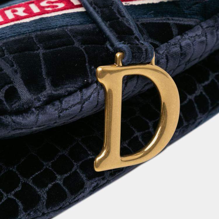 Pre Owned Dior Navy Blue Velvet Embroidered Crocodile Effect Saddle Bag