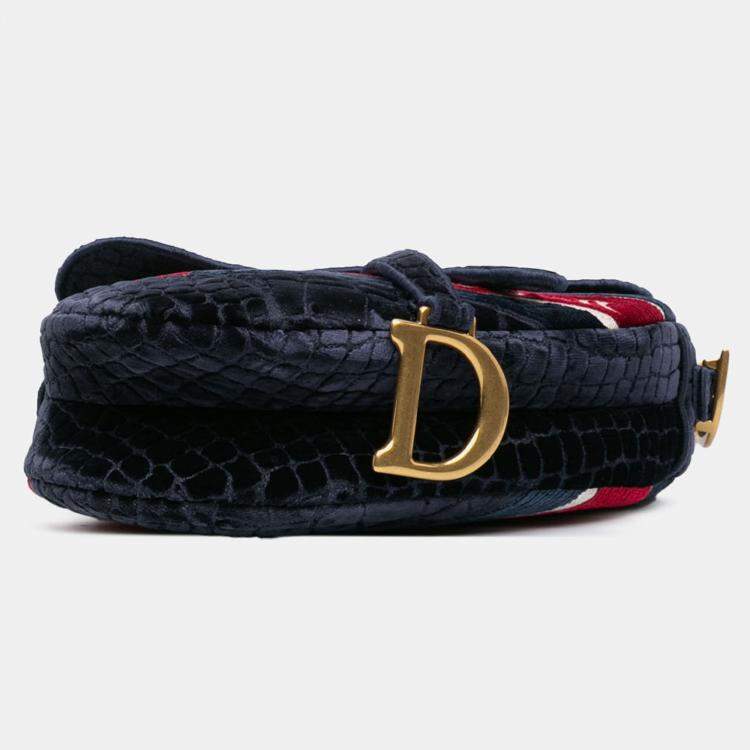 Pre Owned Dior Navy Blue Velvet Embroidered Crocodile Effect Saddle Bag