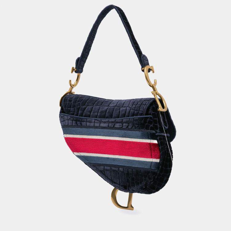 Pre Owned Dior Navy Blue Velvet Embroidered Crocodile Effect Saddle Bag