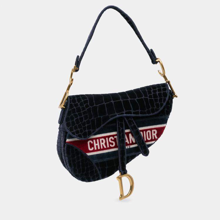 Pre Owned Dior Navy Blue Velvet Embroidered Crocodile Effect Saddle Bag
