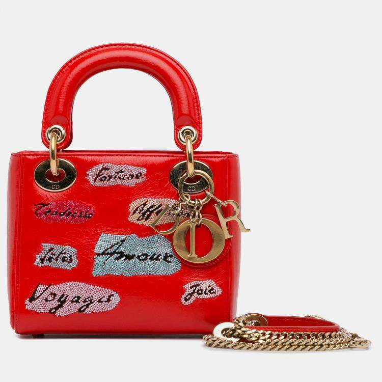 مملوكة مسبقًا Dior Red Mini Calfskin Sequin Embellished Lady Dior