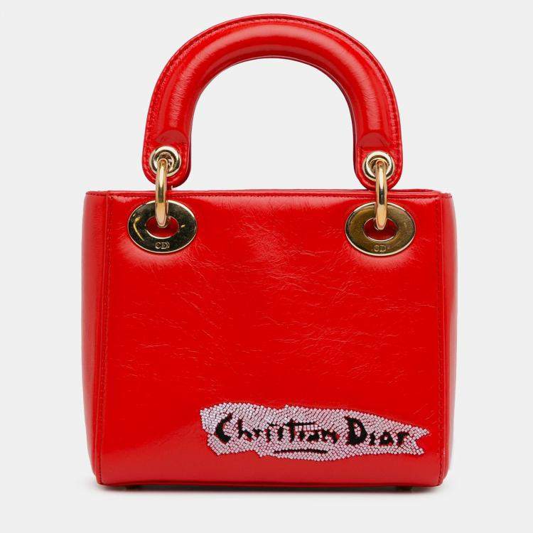 مملوكة مسبقًا Dior Red Mini Calfskin Sequin Embellished Lady Dior
