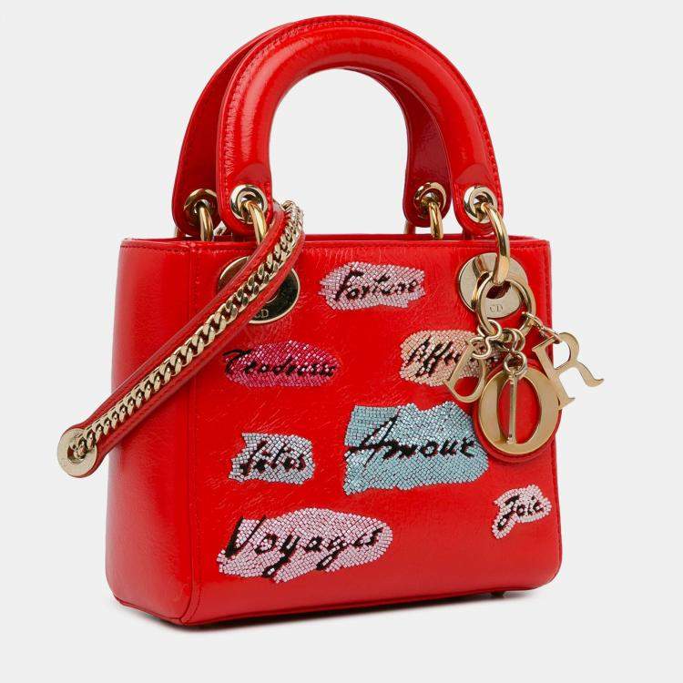 مملوكة مسبقًا Dior Red Mini Calfskin Sequin Embellished Lady Dior
