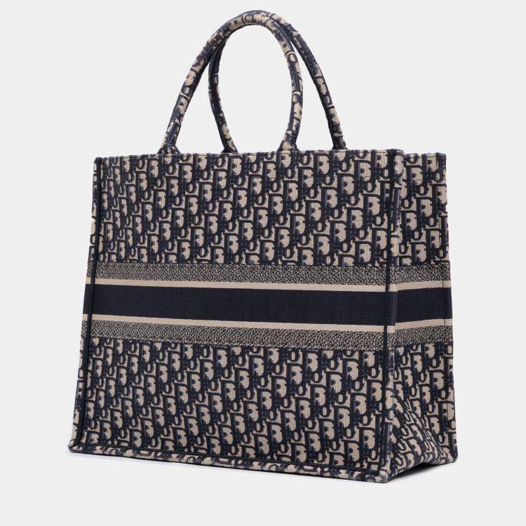 Pre Owned Dior Navy Blue Large Oblique Canvas Book Tote