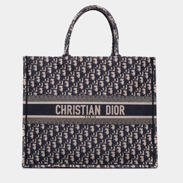 Pre Owned Dior Navy Blue Large Oblique Canvas Book Tote