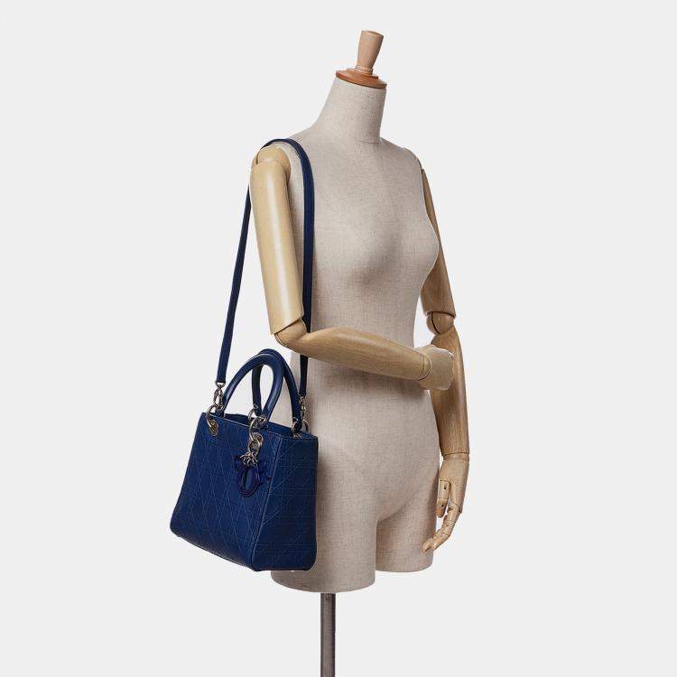 Pre Owned Dior Blue Medium Ultra Matte Calfskin Cannage Embossed Lady Dior