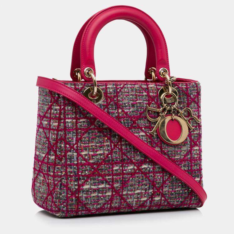 Pre Owned Dior Pink Medium Tweed Macrocannage Lady Dior