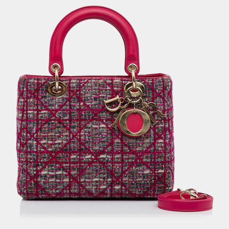 Pre Owned Dior Pink Medium Tweed Macrocannage Lady Dior