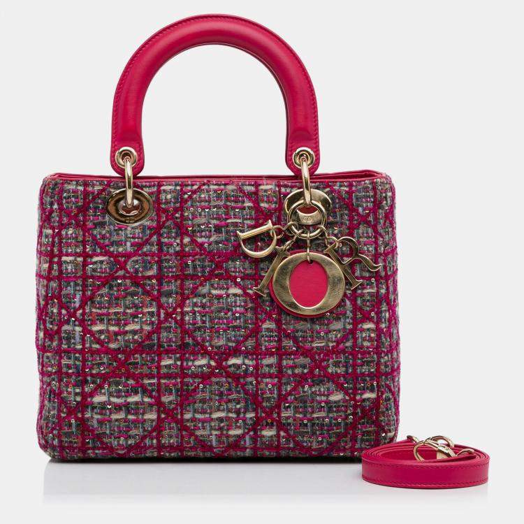 Pre Owned Dior Pink Medium Tweed Macrocannage Lady Dior