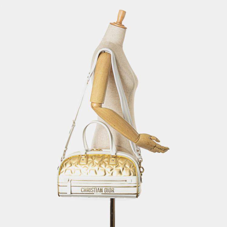 Pre Owned Dior Gold White Medium Padded Etoile Leather Vibe Zip Bowling Bag