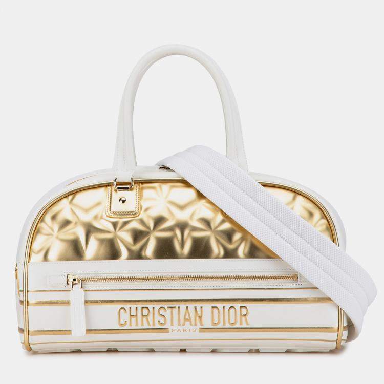 Pre Owned Dior Gold White Medium Padded Etoile Leather Vibe Zip Bowling Bag