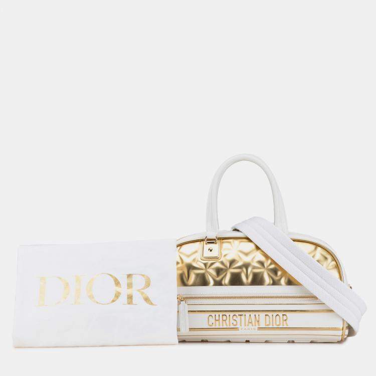 Pre Owned Dior Gold White Medium Padded Etoile Leather Vibe Zip Bowling Bag