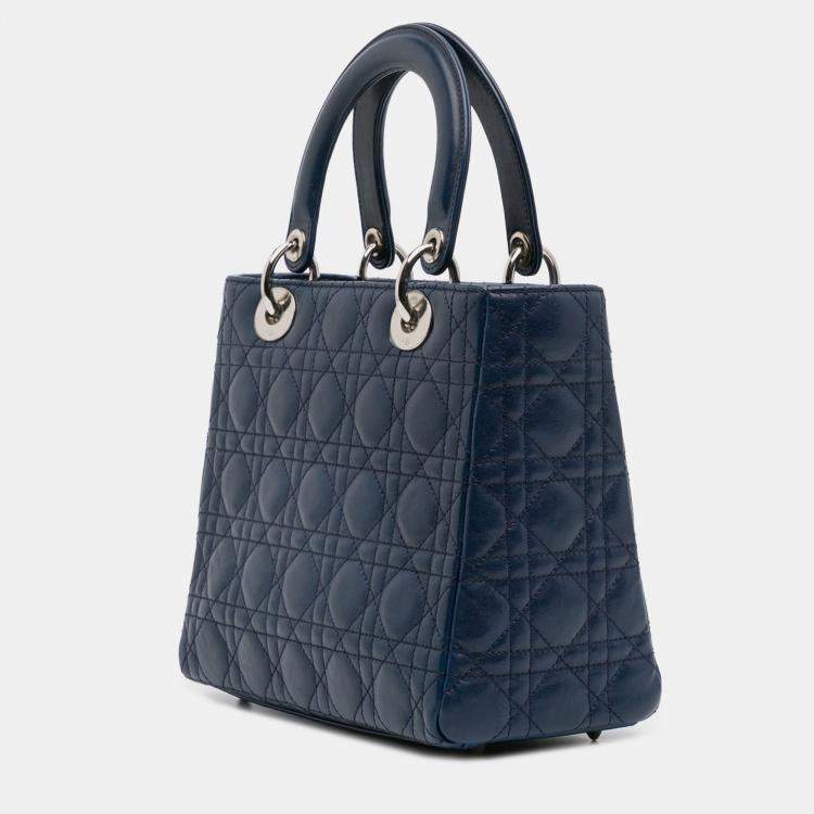 Pre Owned Dior Navy Blue Medium Lambskin Cannage Lady Dior
