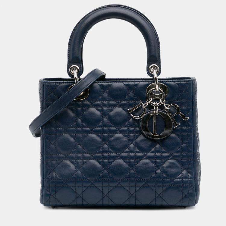 Pre Owned Dior Navy Blue Medium Lambskin Cannage Lady Dior