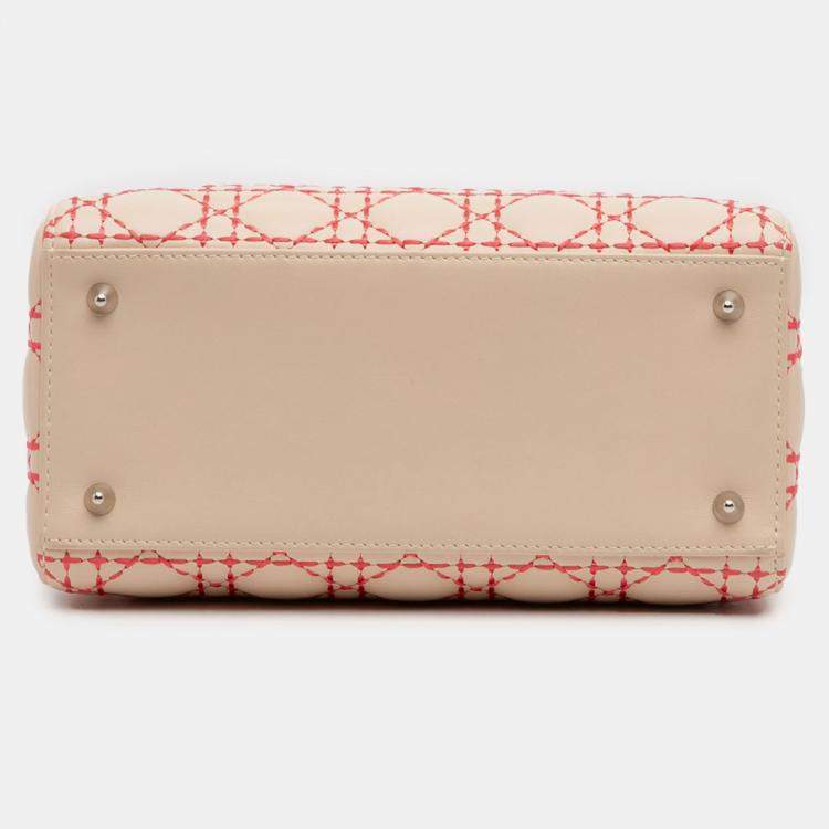 Pre Owned Dior Beige Orange Medium Lambskin Cannage Stitched Lady Dior