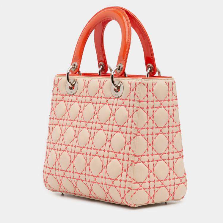 Pre Owned Dior Beige Orange Medium Lambskin Cannage Stitched Lady Dior