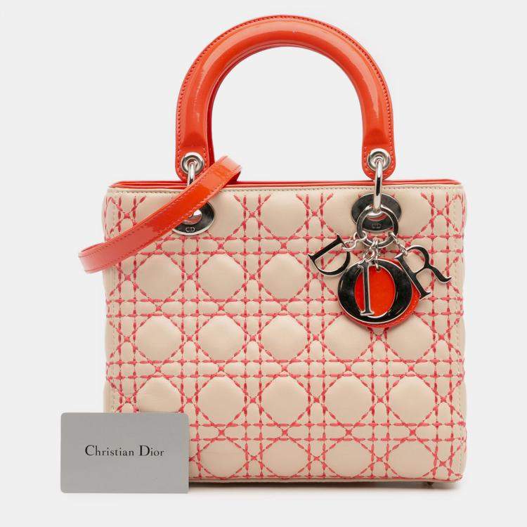 Pre Owned Dior Beige Orange Medium Lambskin Cannage Stitched Lady Dior