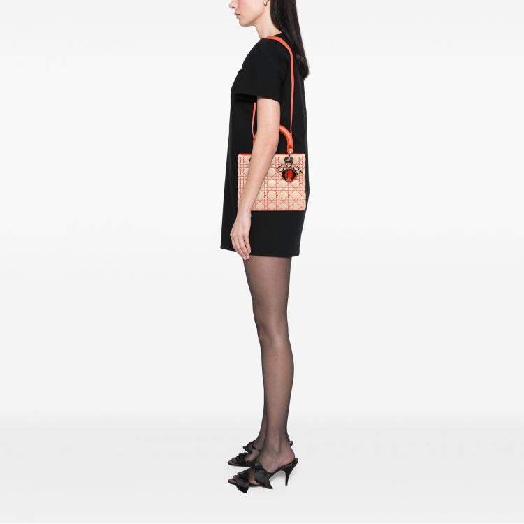 Pre Owned Dior Beige Orange Medium Lambskin Cannage Stitched Lady Dior