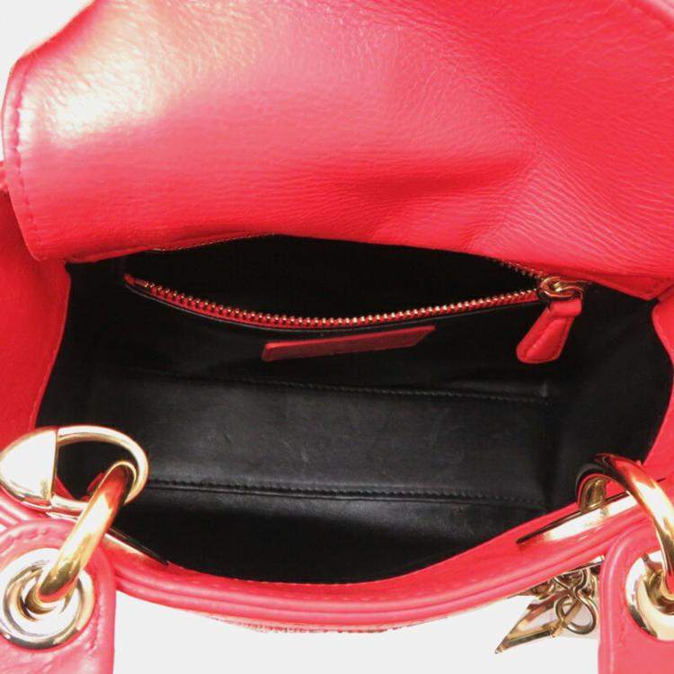Pre Owned Christian Dior Lady Mini Handbag Leather Vermilion 
