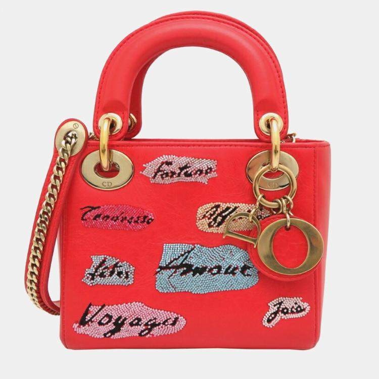 Pre Owned Christian Dior Lady Mini Handbag Leather Vermilion 