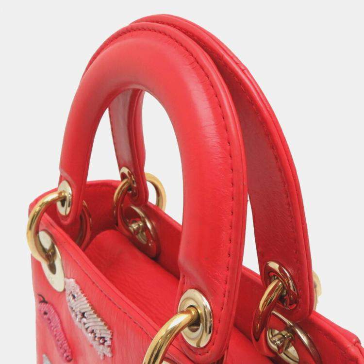 Pre Owned Christian Dior Lady Mini Handbag Leather Vermilion 