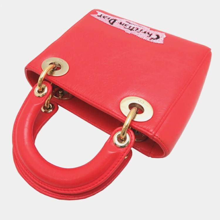 Pre Owned Christian Dior Lady Mini Handbag Leather Vermilion 