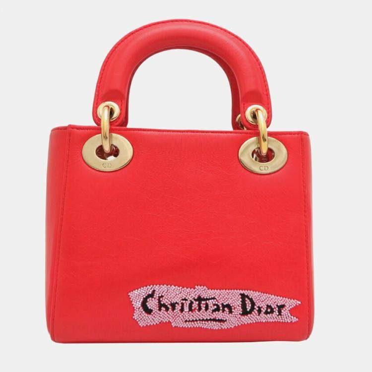 Pre Owned Christian Dior Lady Mini Handbag Leather Vermilion 