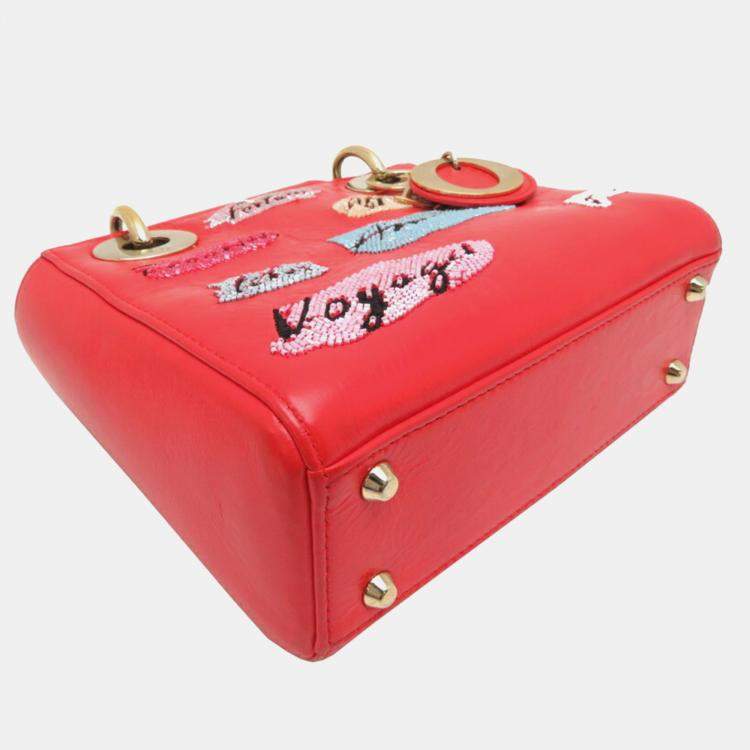 Pre Owned Christian Dior Lady Mini Handbag Leather Vermilion 