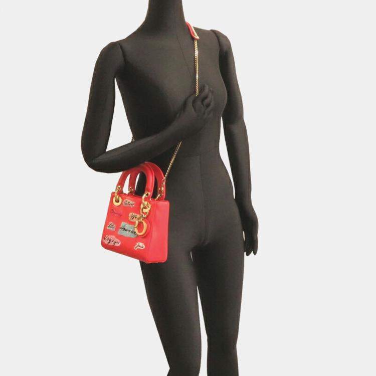 Pre Owned Christian Dior Lady Mini Handbag Leather Vermilion 
