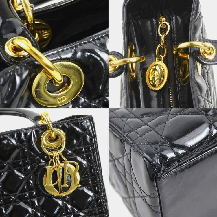 Pre Owned Christian Dior Handbag Shoulder Bag Lady Patent Leather Black Gold