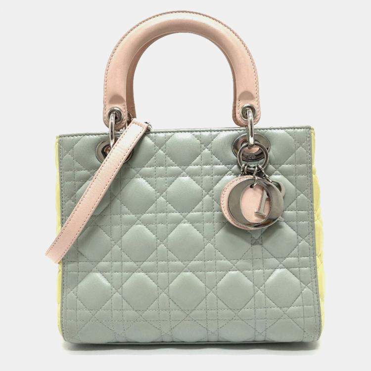 Pre Owned Christian Dior Dior Cannage Lady 2-Way Handbag Leather Blue X Yellow Pink