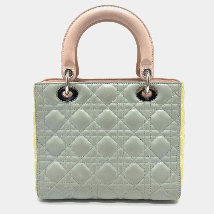 Pre Owned Christian Dior Dior Cannage Lady 2-Way Handbag Leather Blue X Yellow Pink