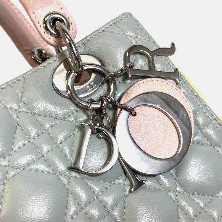 Pre Owned Christian Dior Dior Cannage Lady 2-Way Handbag Leather Blue X Yellow Pink