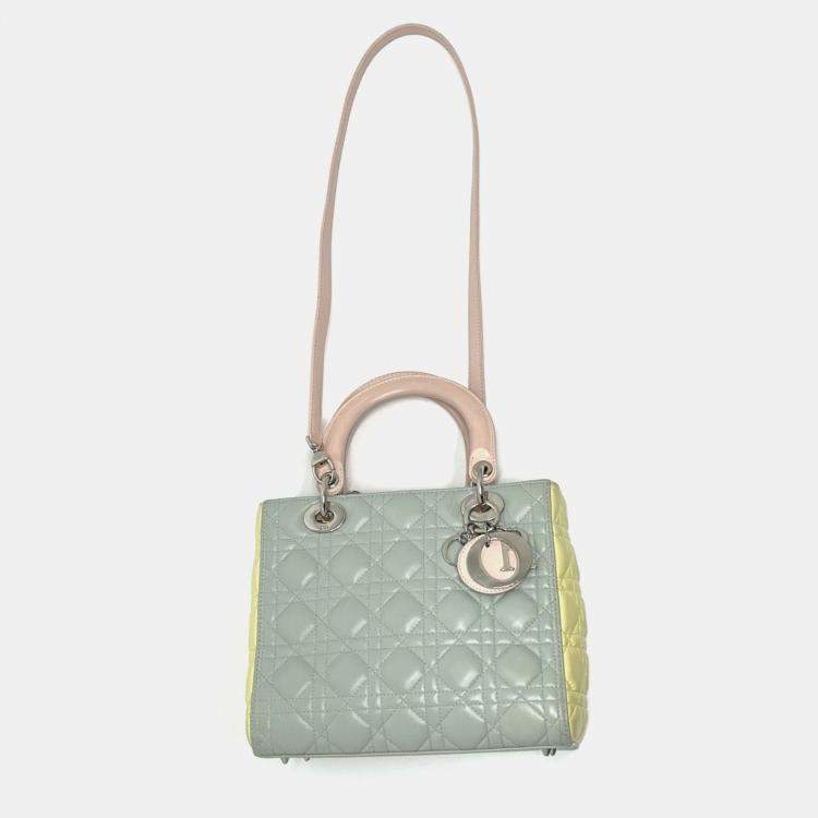 Pre Owned Christian Dior Dior Cannage Lady 2-Way Handbag Leather Blue X Yellow Pink