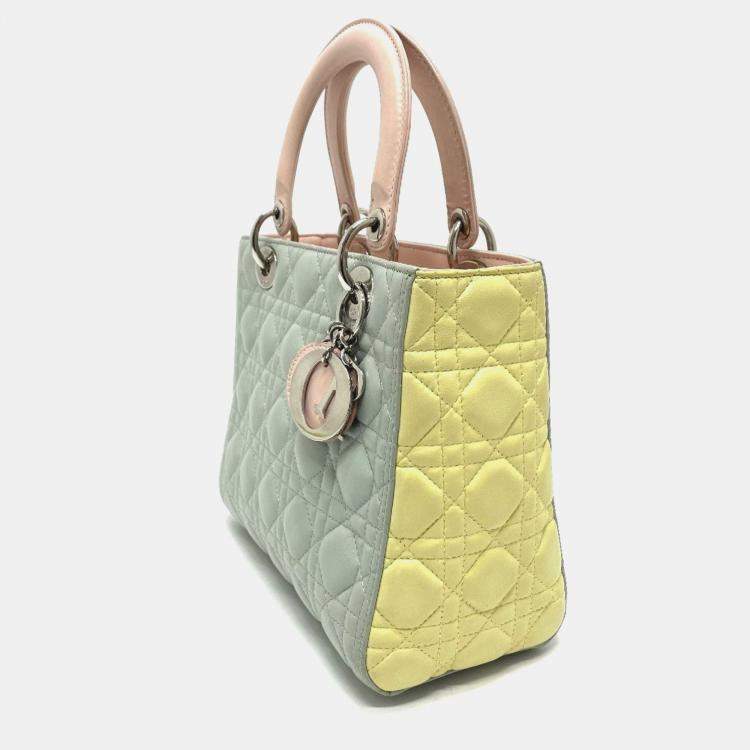Pre Owned Christian Dior Dior Cannage Lady 2-Way Handbag Leather Blue X Yellow Pink