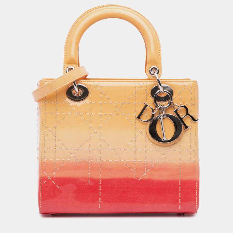 Pre Owned Dior Orange Medium Ombre Patent Cannage Lady Dior