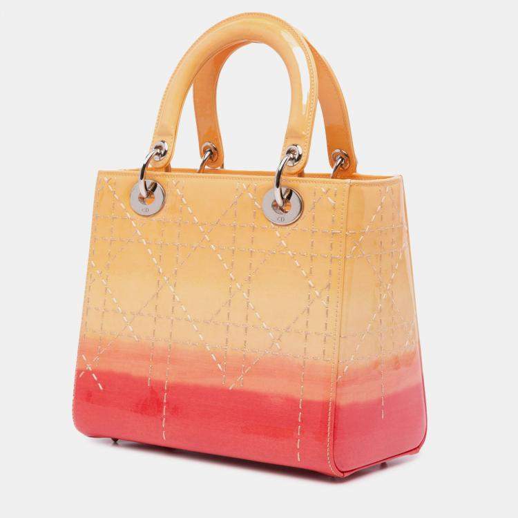 Pre Owned Dior Orange Medium Ombre Patent Cannage Lady Dior